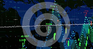 Image of financial data processing over world map, copy space