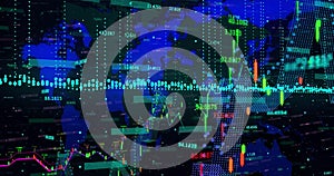 Image of financial data processing over world map, copy space
