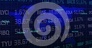 Image of financial data processing over world map photo