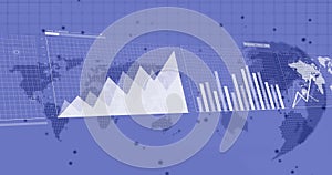 Image of financial data processing over world map and globe