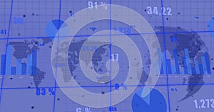 Image of financial data processing over world map and globe