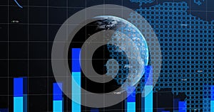 Image of financial data processing over world map and globe