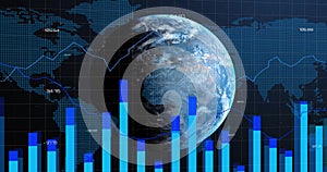 Image of financial data processing over world map and globe