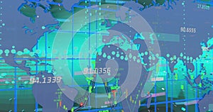 Image of financial data processing over world map on green background