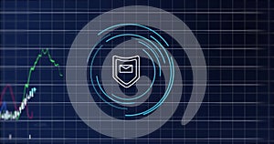 Image of financial data processing and scope scanning over blue background