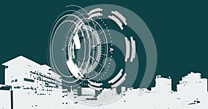 Image of financial data processing and scope scanning over cityscape