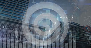 Image of financial data processing and scope scanning over cityscape