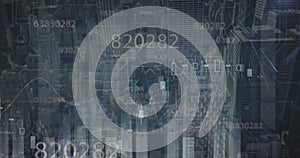 Image of financial data processing and scope scanning over cityscape