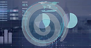 Image of financial data processing and scope scanning over cityscape