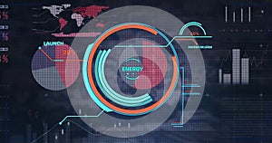 Image of financial data processing and scope scanning over cityscape