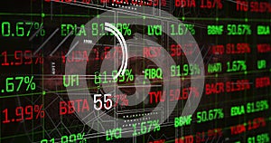 Image of financial data processing, scope and statistics on black background