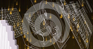 Image of financial data processing and screens over black background