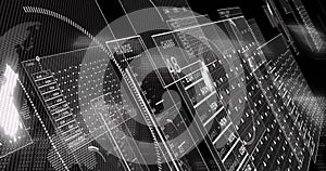 Image of financial data processing and screens over black background