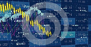 Image of financial data processing on screens over black background