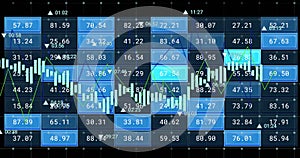 Image of financial data processing on screens over black background