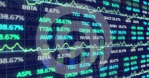 Image of financial data processing and statistics on black background