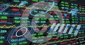 Image of financial data processing and statistics on black background