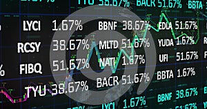 Image of financial data processing and statistics on black background