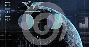 Image of financial data processing and statistics over globe