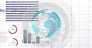 Image of financial data processing and statistics over globe