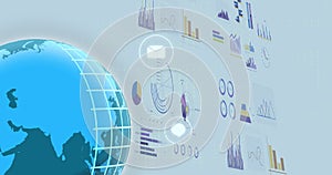 Image of financial data processing and statistics over globe