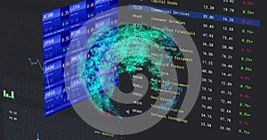 Image of financial data processing and statistics over globe