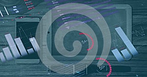 Image of financial data processing with statistics over smartphone, tablet and smartwatch