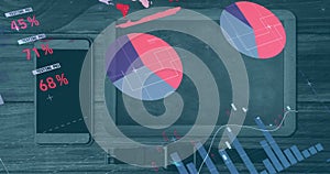 Image of financial data processing with statistics over smartphone, tablet and smartwatch