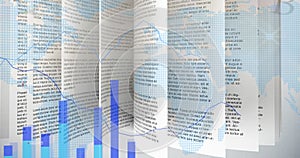 Image of financial data processing and statistics over world map