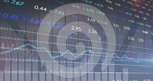 Image of financial data processing and stock market over empty office