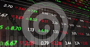 Image of financial data processing and stock market over empty office