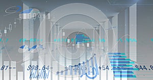 Image of financial data processing and stock market over server room