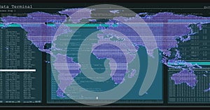 Image of financial data processing and world map over screen