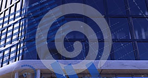 Image of financial data processing with world map and statistics recording over modern building