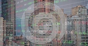 Image of financial graph and data processing over cityscape