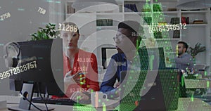 Image of financial market data processing over diverse man and woman discussing at office