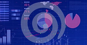 Image of financial and statistical data processing against blue background