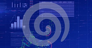 Image of financial and statistical data processing against blue background
