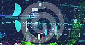 Image of financial and statistical data processing against blue background