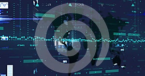 Image of financial and statistical data processing against blue background