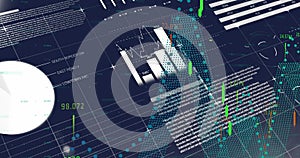 Image of financial and statistical data processing against blue background