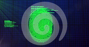 Image of fingerprint scanning with programming language and lens flare over blurred binary codes