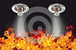 Image of Fire Sprinklers Spraying with fire background. Fire sprinklers are part of an overall safety protocol for fire and life