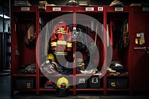 An image of a firemans uniform and helmet stored in a locker, ready for quick deployment during emergencies, Locker in a fire