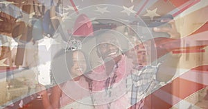 Image of flag of united states of america over african american father and daughter having fun