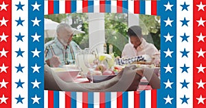 Image of flag of united states of america waving over praying african american family