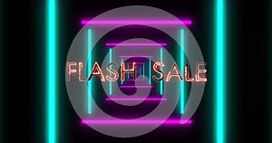 Image of flash sale text and colourful shapes over digital tunnel
