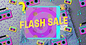 Image of flash sale text over denim trousers and retro icons background