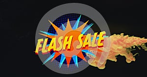 Image of flash sale text over orange liquid on black background