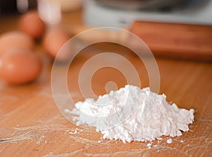 An image flat lay select focus at flour is the ingredient baking cake food in kitchen cooking as flour egg pastry with bread